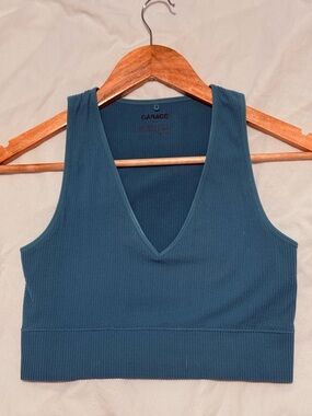 Garage Ribbed V-Neck Crop Tank in Dusty Teal
